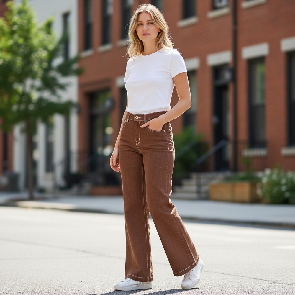 Halston Womens Brown Wide Leg Contrast Stitch Trousers Pants Size 6